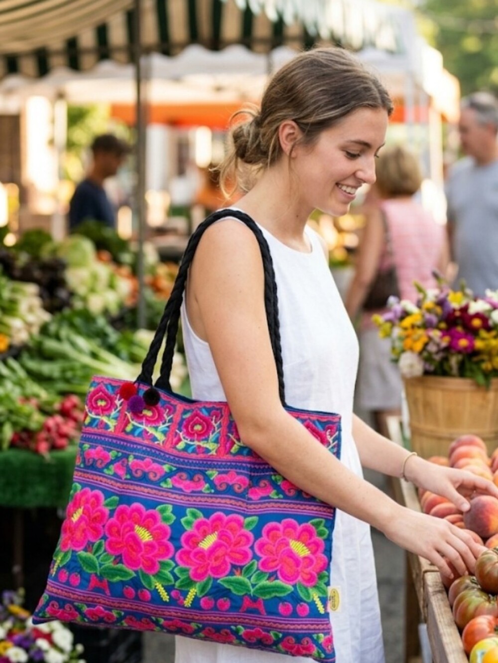 Sam Well Bohemian Embroidered Floral Tote Bag Blue Pink Pom Poms Zip Shoulder Ba